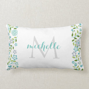 Personalised Teal Mint Floral Monogram Pattern Lumbar Cushion