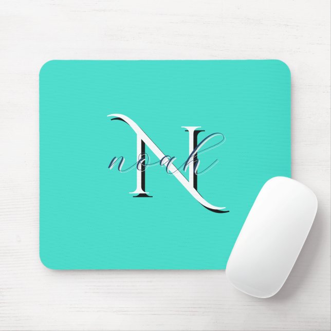 Personalised Teal Monogram Initial and Name Mouse Mat (With Mouse)