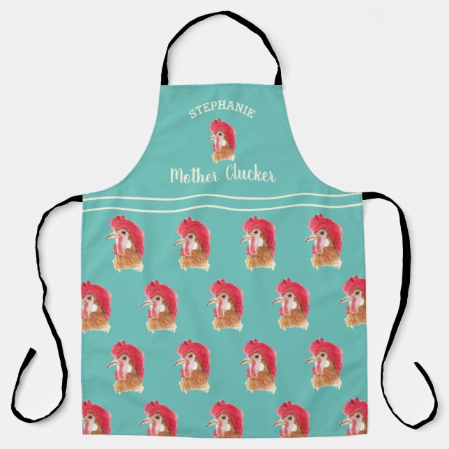 Personalised Teal Mother Clucker Chicken Pattern Apron (Front)