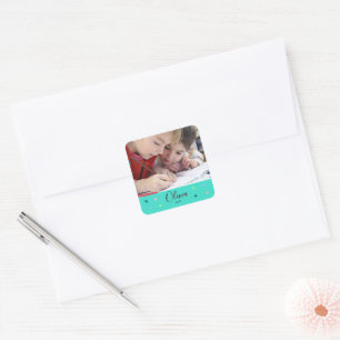 Personalised Teal Photo Name and Date Gift Square Sticker
