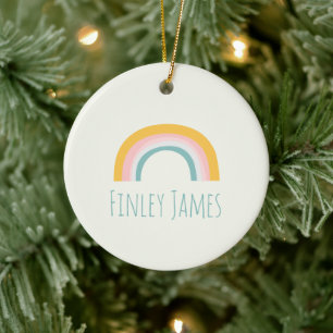 Personalised Teal Pink Yellow Rainbow Cute Simple Ceramic Tree Decoration