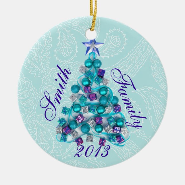 Personalised Teal Purple Christmas Tree Ornament (Front)