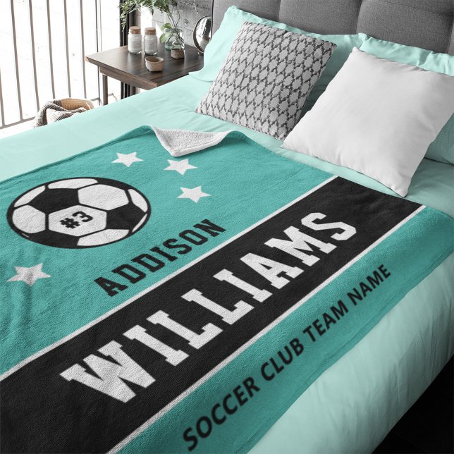 Personalised Teal Soccer Player Name Fleece Blanket (Creator Uploaded)
