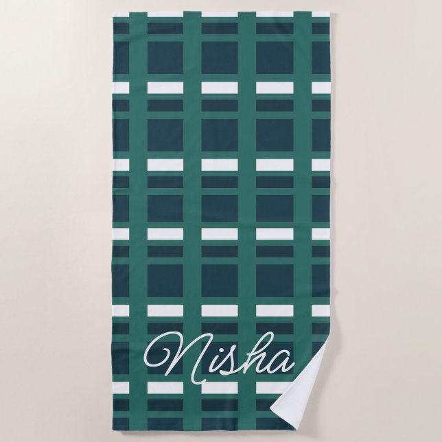 Personalised Teal White Blue Chequered Plaid Beach Towel (Front)