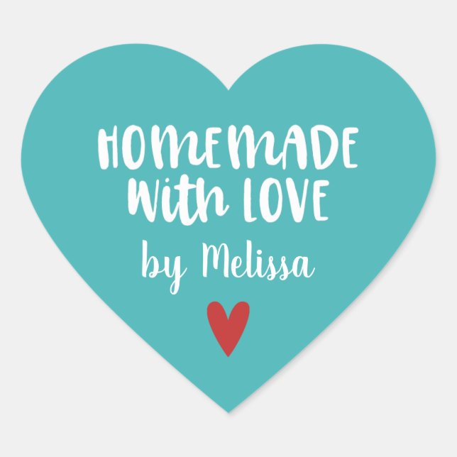 Personalised Teal White Homemade With Love Heart Sticker (Front)