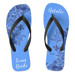 Personalised Team Bride Favour Blue Lotus Floral Flip Flops