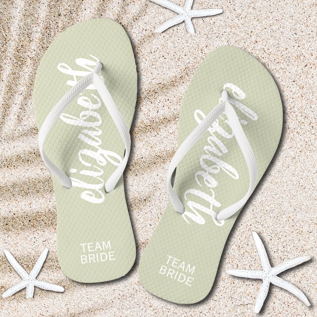 Personalised Team Bride Sage and White Flip Flops (Personalized Team Bride Sage Green and White Flip Flops)