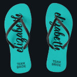 Personalised Team Bride Turquoise Flip Flops<br><div class="desc">Turquoise blue - or any colour - flip flops personalised with your name and "Team Bride" or any wording you choose. Great bridesmaid gift, bachelorette party, flat shoes for the wedding reception, or a fun bridal shower favour. Change the colour straps and footbed, too! More colours done for you in...</div>