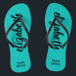 Personalised Team Bride Turquoise Flip Flops<br><div class="desc">Turquoise blue - or any colour - flip flops personalised with your name and "Team Bride" or any wording you choose. Great bridesmaid gift, bachelorette party, flat shoes for the wedding reception, or a fun bridal shower favour. Change the colour straps and footbed, too! More colours done for you in...</div>