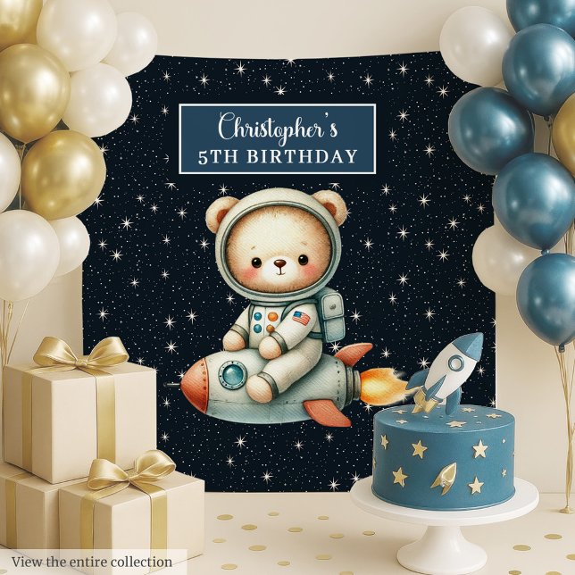 Personalised Teddy Astronaut Boy Birthday Backdrop Tapestry (Personalized Teddy Astronaut Boy Birthday Backdrop)