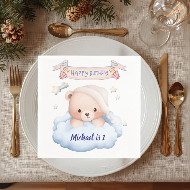 Personalised Teddy Bear 1st Birthday Paper Napkin (Creator Uploaded)