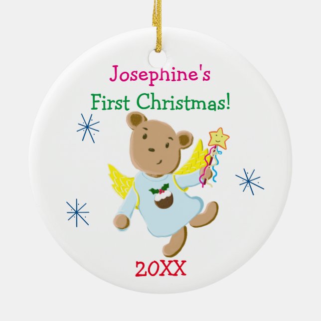 Personalised Teddy Bear Angel First Christmas Ceramic Tree Decoration (Back)