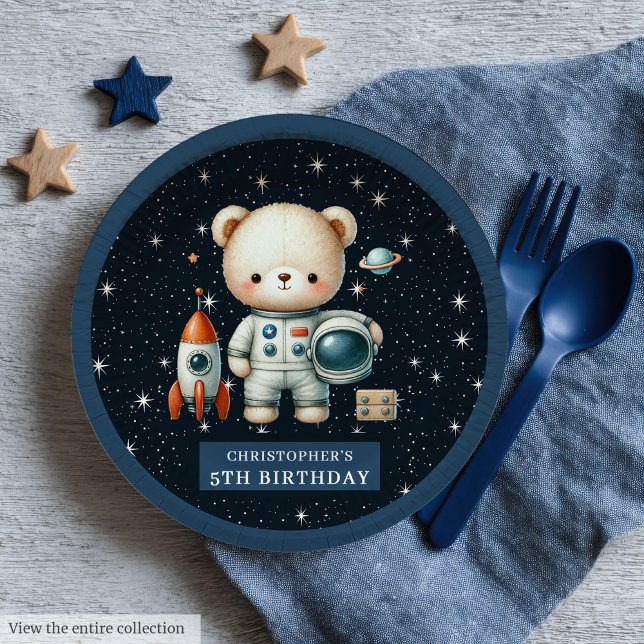 Personalised Teddy Bear Astronaut Baby Boy Paper Plate (Personalized Teddy Bear Astronaut Baby Boy Paper Plates)