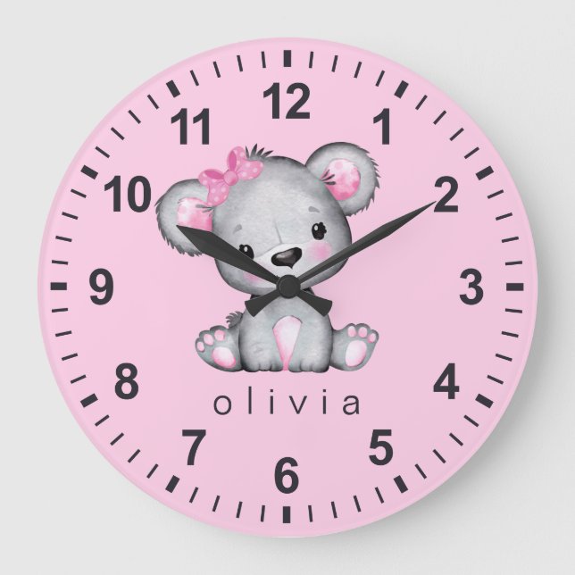 Personalised Teddy Bear Baby Girl Pink Large Clock (Front)