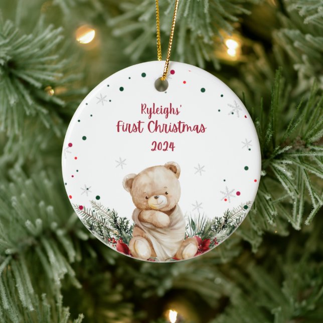 Personalised Teddy Bear First Christmas Ceramic Tree Decoration (Tree)