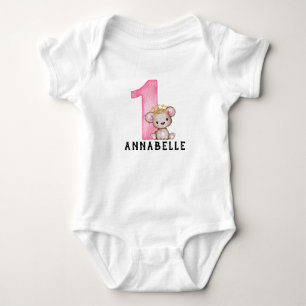 Personalised Teddy Bear Girls Pink 1 1st Birthday Baby Bodysuit