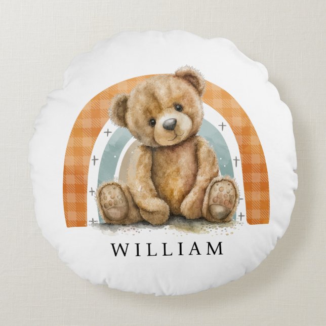 Personalised Teddy Bear Rainbow Boho Nursery  Round Cushion (Front)