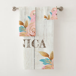 Personalised Teddy Bear Rustic Floral Bath Towel Set