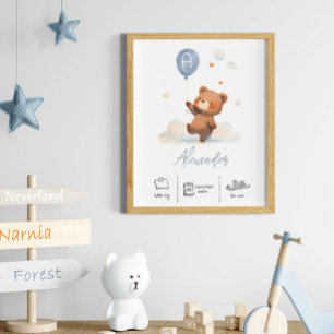 Personalised Teddy Bear with Balloons Nursery Poster