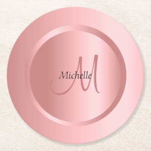 Personalised Template Rose Gold Monogram Elegant Round Paper Coaster