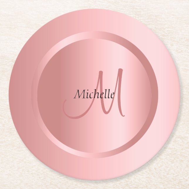 Personalised Template Rose Gold Monogram Elegant Round Paper Coaster (Front)