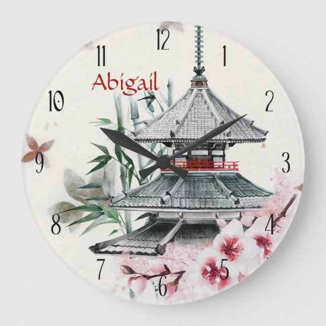 Personalised Temple, Bamboo, Cherry Blossoms Japan Large Clock (Front)