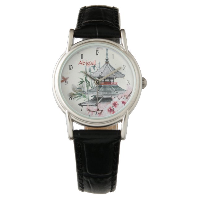 Personalised Temple, Bamboo, Cherry Blossoms Japan Watch (Front)
