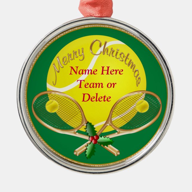 Personalised Tennis Christmas Ornaments, YOUR TEXT Metal Tree Decoration (Front)