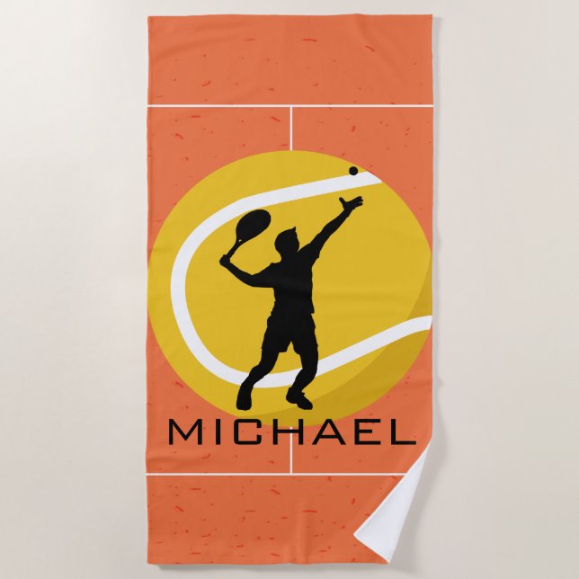 Personalised Tennis Game Player Serve Ball Orange Beach Towel (Front)