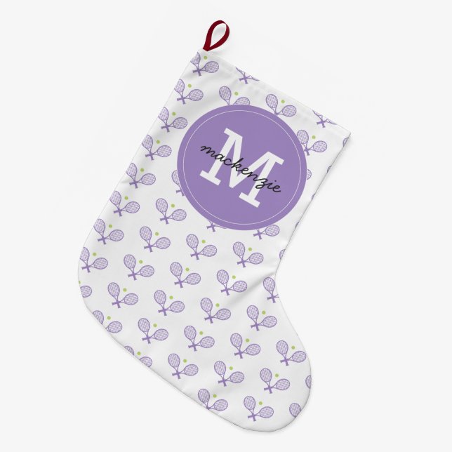 Personalised Tennis Pattern Custom Name Tennis Large Christmas Stocking (Front (Hanging))