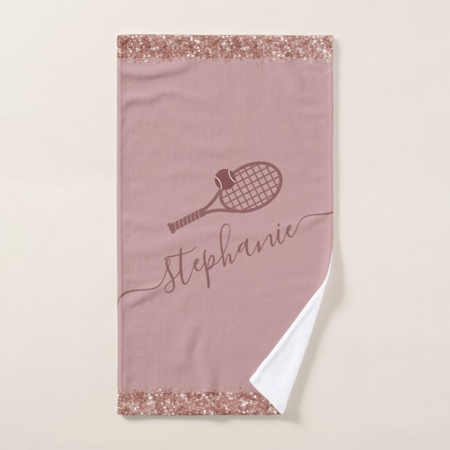 Personalised Tennis Script Name Mauve Glitter Hand Towel (Hand Towel)