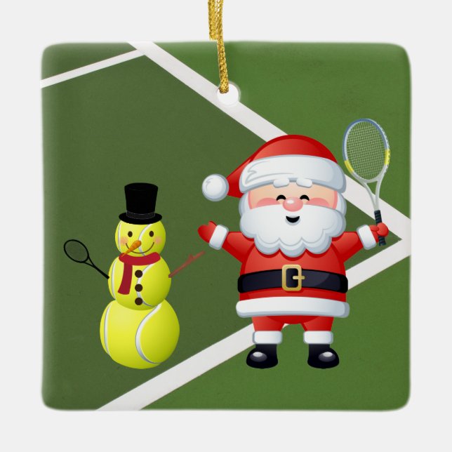 Personalised Tennis Snowman and Santa Claus Ceramic Ornament (Front)
