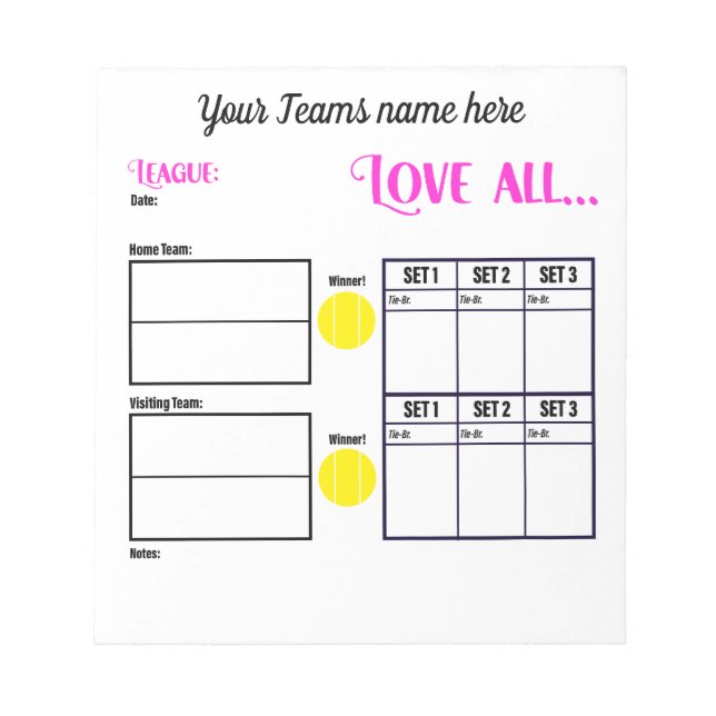 Personalised Tennis Team Scoresheets Notepad (Front)
