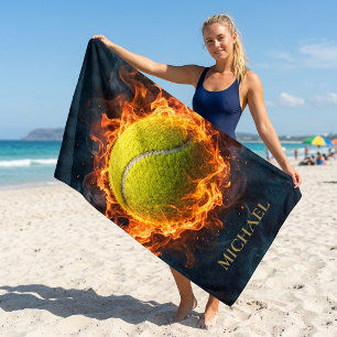 Personalised Tennis with Fiery Ball Beach Towel