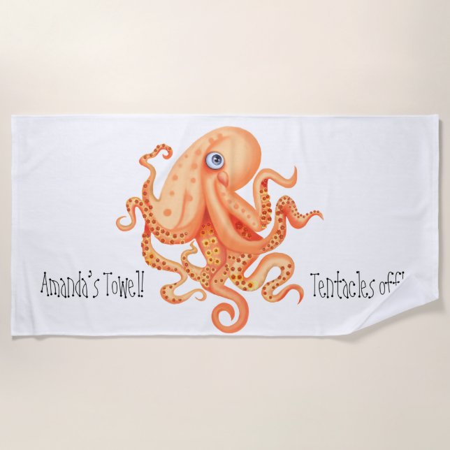 Personalised tentacles off cute orange octopus beach towel (Front)