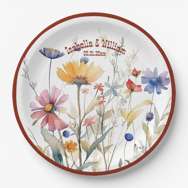 Personalised Terra Cotta Fall Wildflowers Wedding Paper Plate (Front)