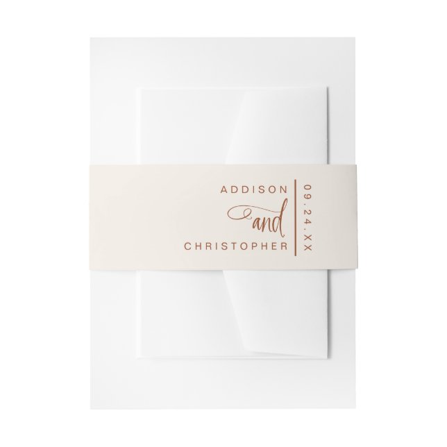 Personalised Terracotta Cream Script Wedding Invitation Belly Band (Front Example)