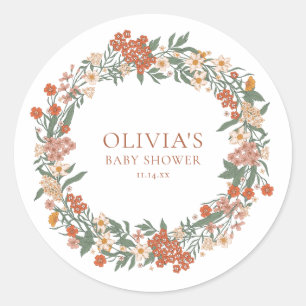 Personalised Terracotta Wildflower Baby Shower Classic Round Sticker