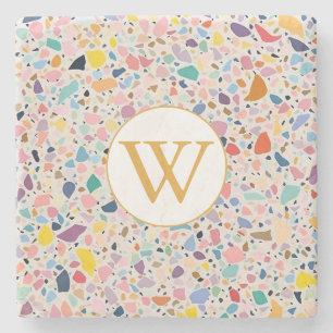 Personalised Terrazzo Pastel Colourful Monogram Stone Coaster