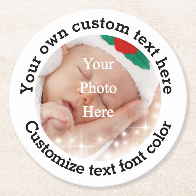 Personalised text and photo template round paper coaster (Front)