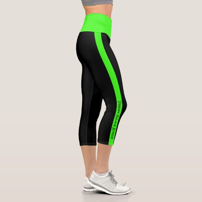 Personalised Text Black Neon Green Stripes Capri Leggings (Right)