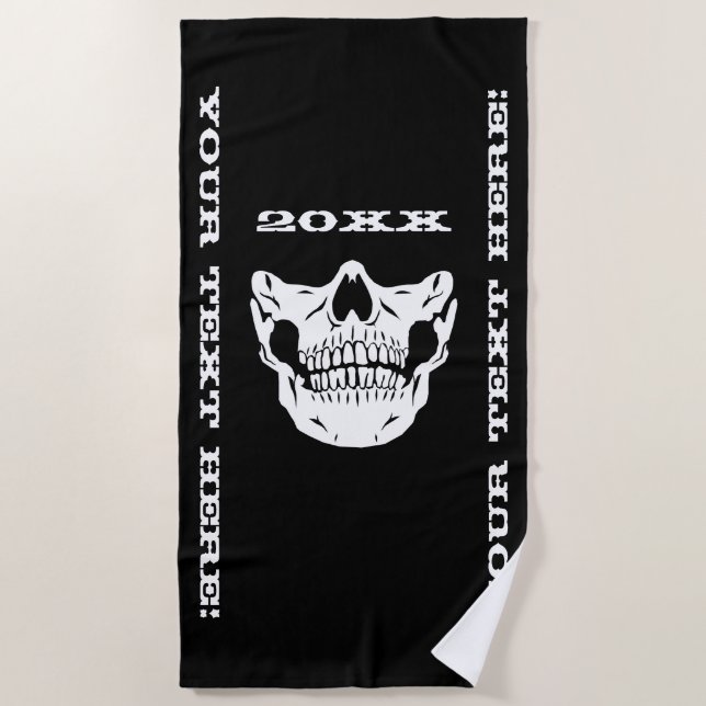 Personalised Text Black Skull Half Face Mask Beach Towel (Front)