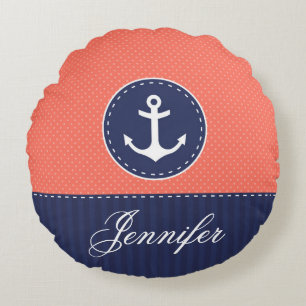 Personalised Text Blue and Coral Nautical Anchor Round Cushion