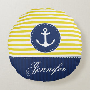 Personalised Text Blue and Yellow Nautical Anchor Round Cushion