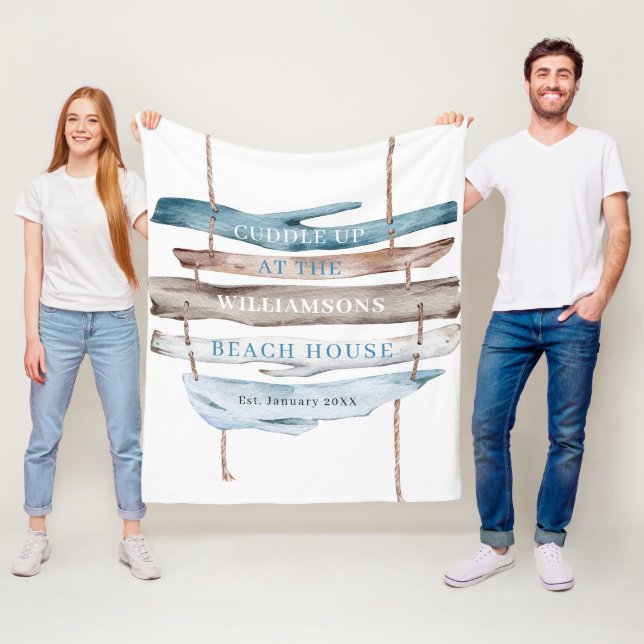 Personalised Text, Coastal Driftwood Beach Theme Fleece Blanket (In Situ)