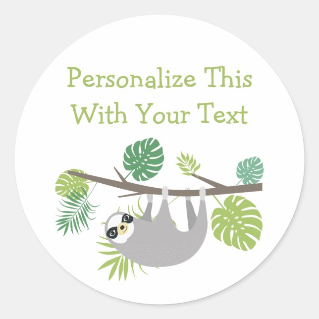 Personalised Text Fun Hanging Sloth Classic Round Sticker (Front)