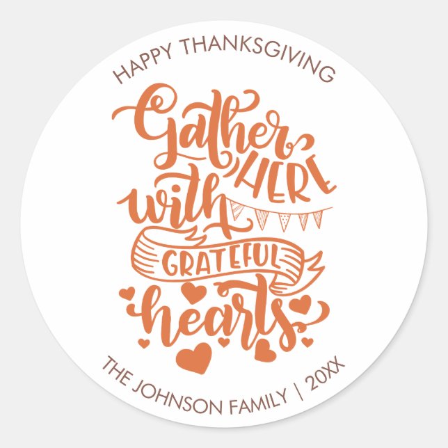 Personalised Text Grateful Heart Thanksgiving Classic Round Sticker (Front)