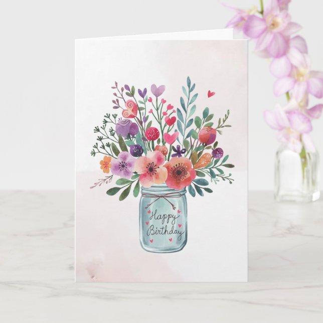 Personalised text Happy Birthday Floral Bouquet    Card (Orchid)