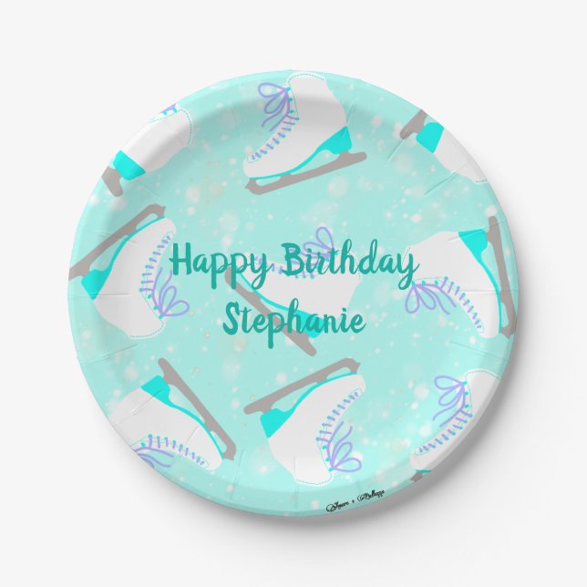 Personalised Text Ice Skating Pattern Blue Girl's Paper Plate (Front)