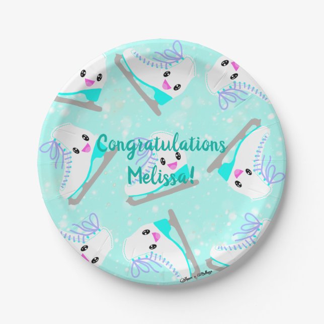 Personalised Text Ice Skating Pattern Blue Kawaii Paper Plate (Front)